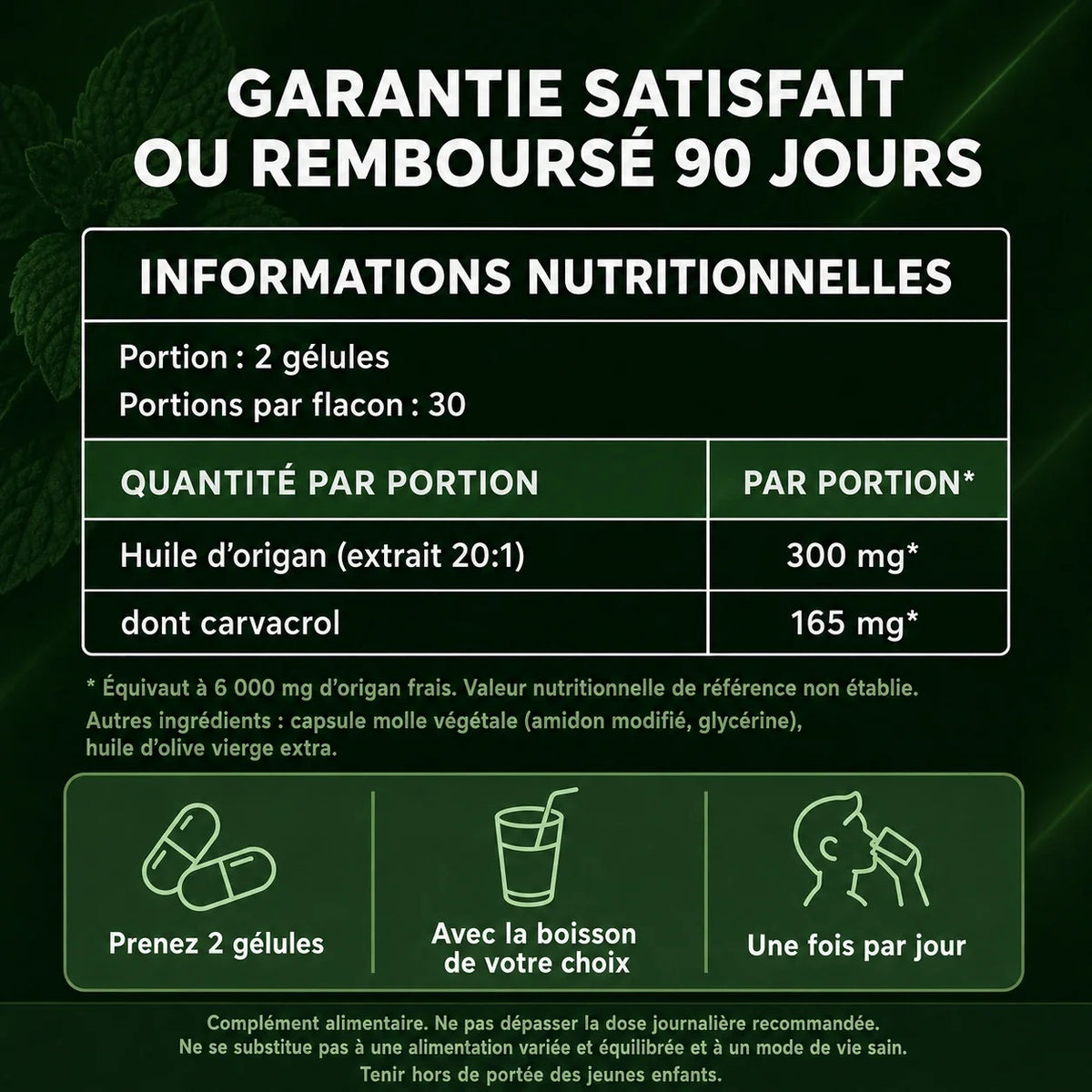 Informations nutritionnelles et garantie 90 jours